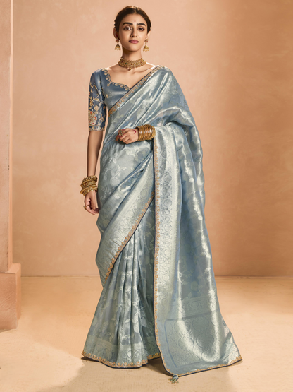 ELEGANT GREY KANJIVARAM SILK SAREE WITH EMBROIDERED BLOUSE