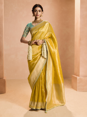 Yellow Kanjivaram Silk Saree with Sea Green Embroidered Blouse