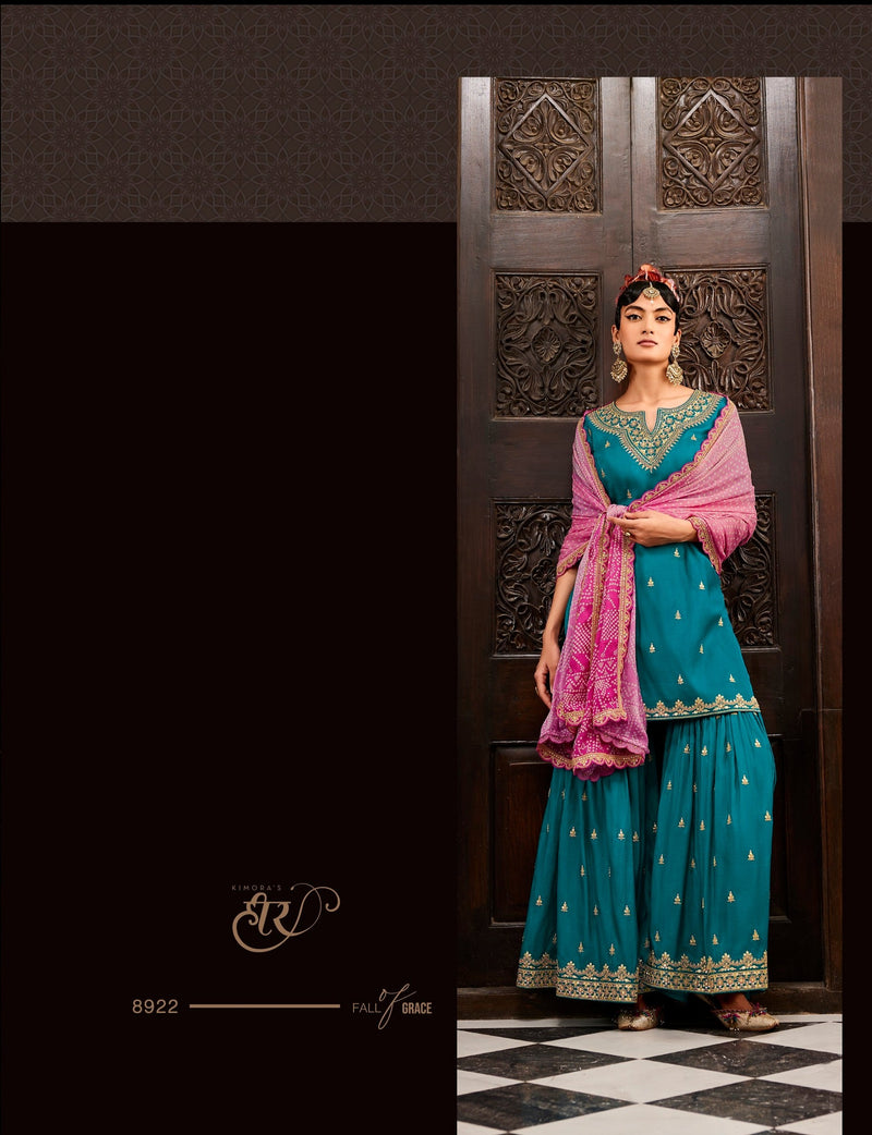 Kimora Stylish Designer Teal Blue Heavy Embroidery Salwar Suit