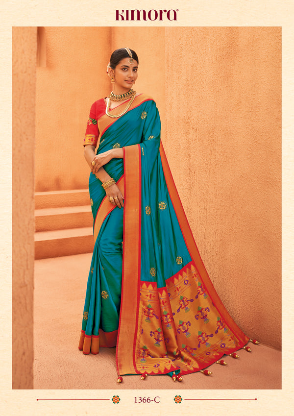 Kimora Traditional Bright Blue Silk Festival Designer Saree