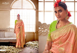 Kimora Tan Peach And Green Banarasi Saree With Designer Blouse