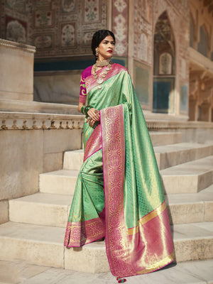 Kimora Pista Green And Pink Pure Silk Saree With Zari Brocade Work