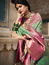 Kimora Pista Green And Pink Pure Silk Saree With Zari Brocade Work