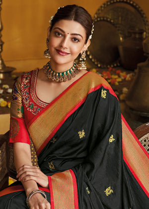 Kimora Traditional Black Fine Woven Paithani Saree With Designer Blouse