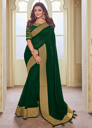 Kimora Beautiful Paradise Green Designer Saree With Embroidery Work