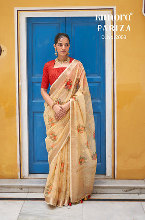 Kimora Tan Beige Tissue Silk Saree