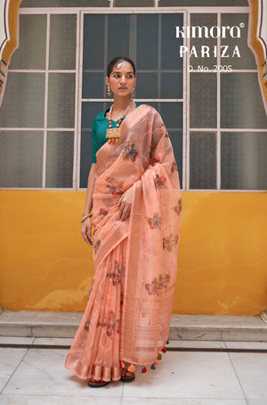 Kimora Salmon Peach Tissue Silk Saree