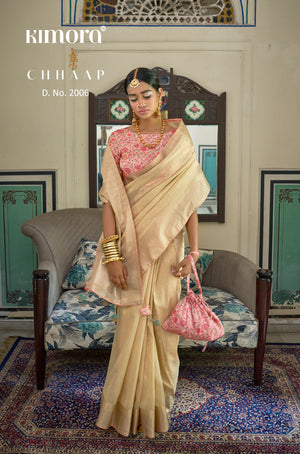 Kimora Buttermilk Beige Tissue Silk Saree