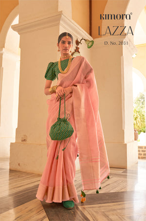 Kimora Wax Flower Pink And Green Organza Silk Saree