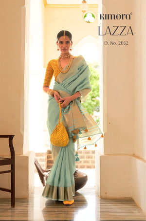 Kimora Locust Blue And Yellow Organza Silk Saree