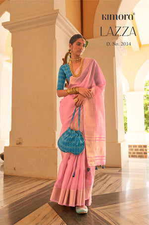 Kimora New York Pink And Blue Organza Silk Saree