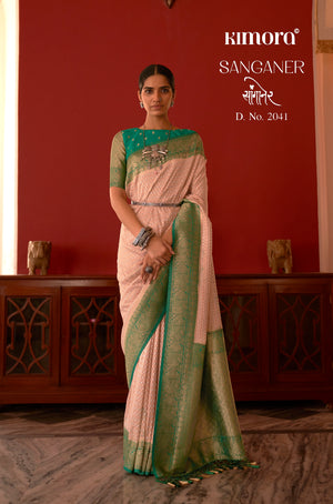 Kimora Peach And Green Georgette Saree