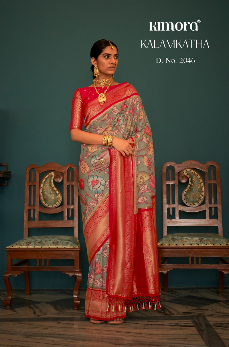 Kimora Norway Grey And Red Woven Banarasi Tussar Silk Kalamkari Saree