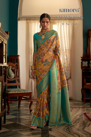 Kimora Brulee Yellow Woven Tussar Silk Kalamkari Saree