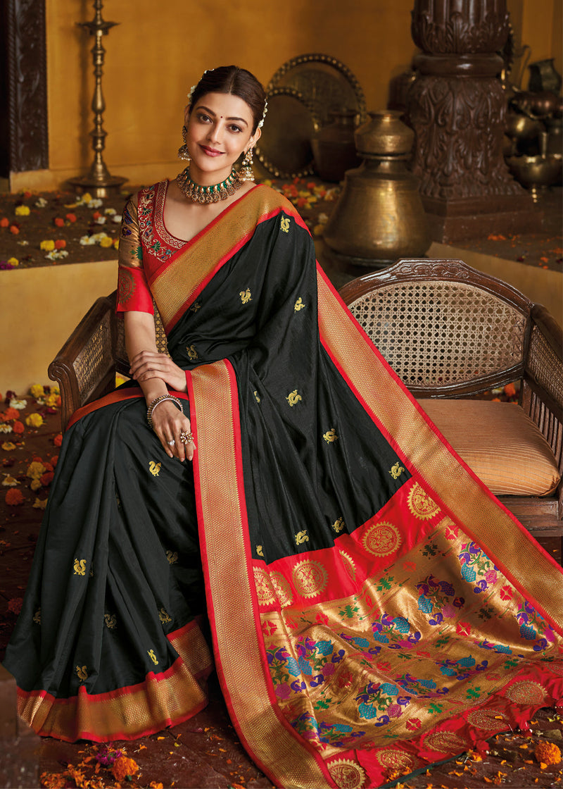 Kimora Traditional Black Fine Woven Paithani Saree With Designer Blouse