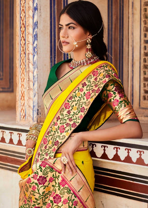 Kimora Bumblebee Yellow Regal Paithani Saree With Designer Blouse