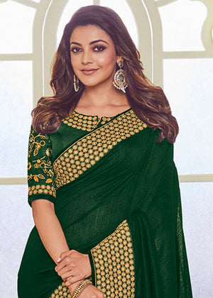 Kimora Beautiful Paradise Green Designer Saree With Embroidery Work