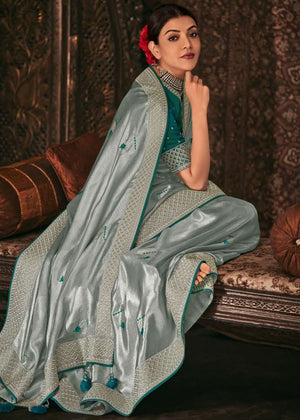 Kimora Pewter Grey South Silk Saree With Embroidered Blouse