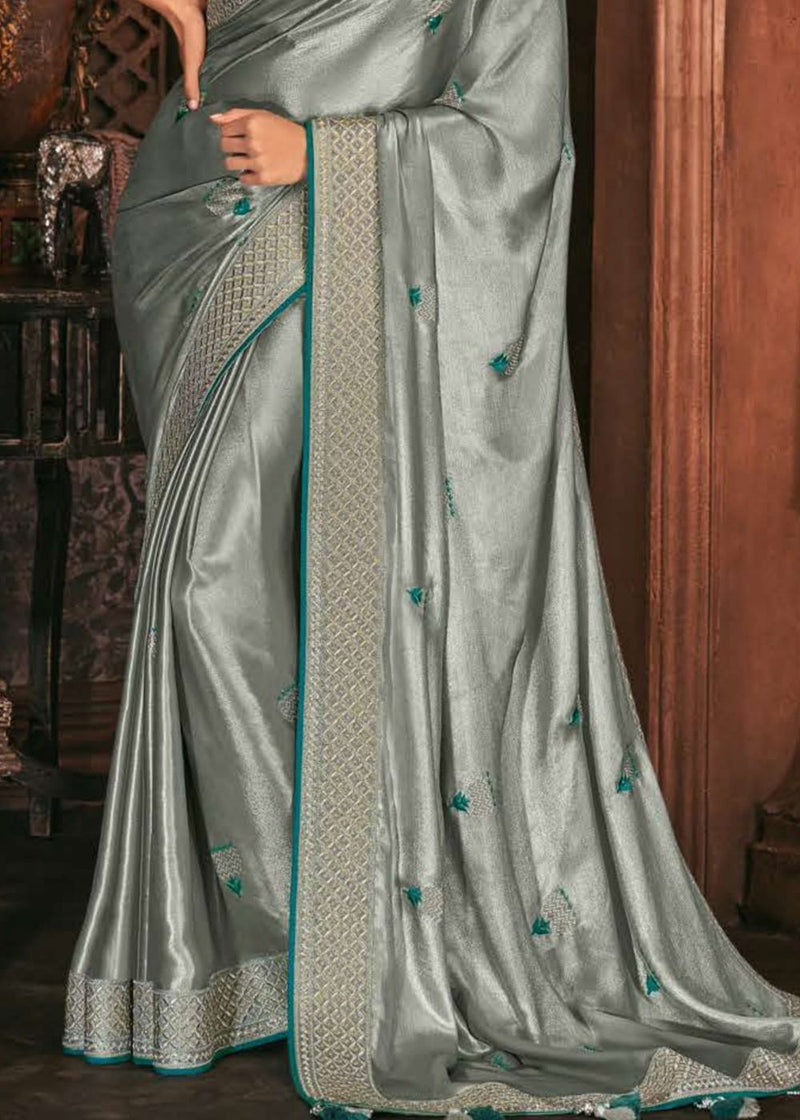Kimora Pewter Grey South Silk Saree With Embroidered Blouse
