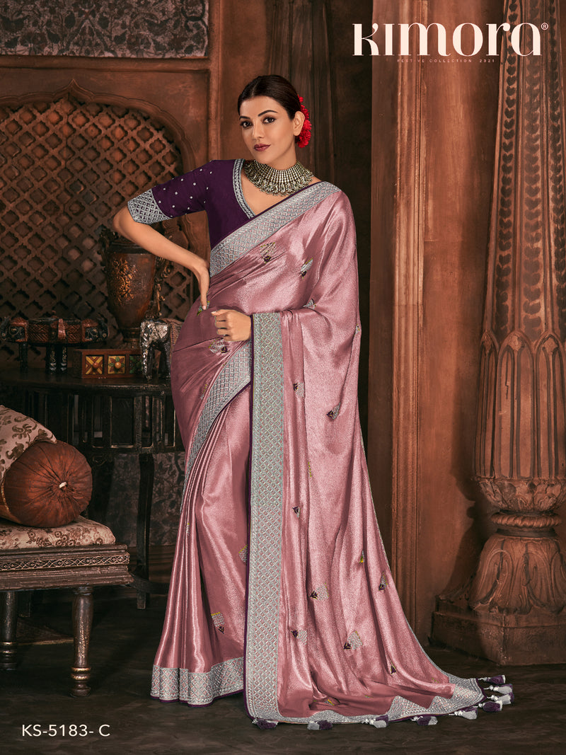 Kimora Pewter Pink South Silk Saree With Embroidered Blouse