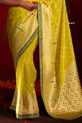 Kimora Traditional Gold Tips Yellow Khadi Silk Saree