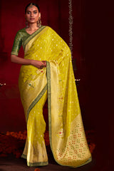 Kimora Traditional Gold Tips Yellow Khadi Silk Saree
