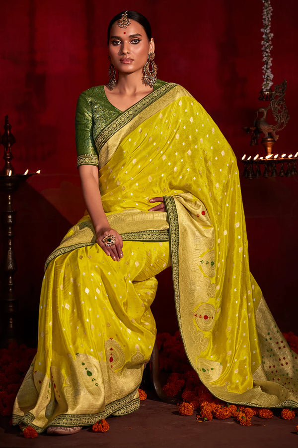 Kimora Traditional Gold Tips Yellow Khadi Silk Saree