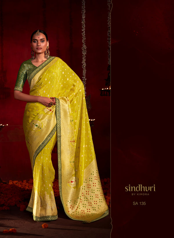 Kimora Traditional Gold Tips Yellow Khadi Silk Saree