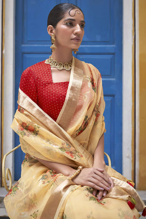 Kimora Tan Beige Tissue Silk Saree