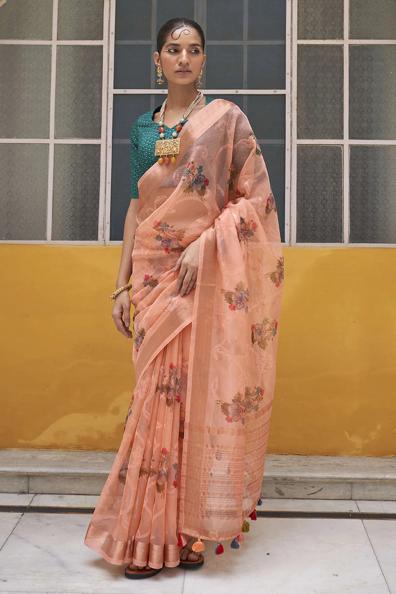 Kimora Salmon Peach Tissue Silk Saree