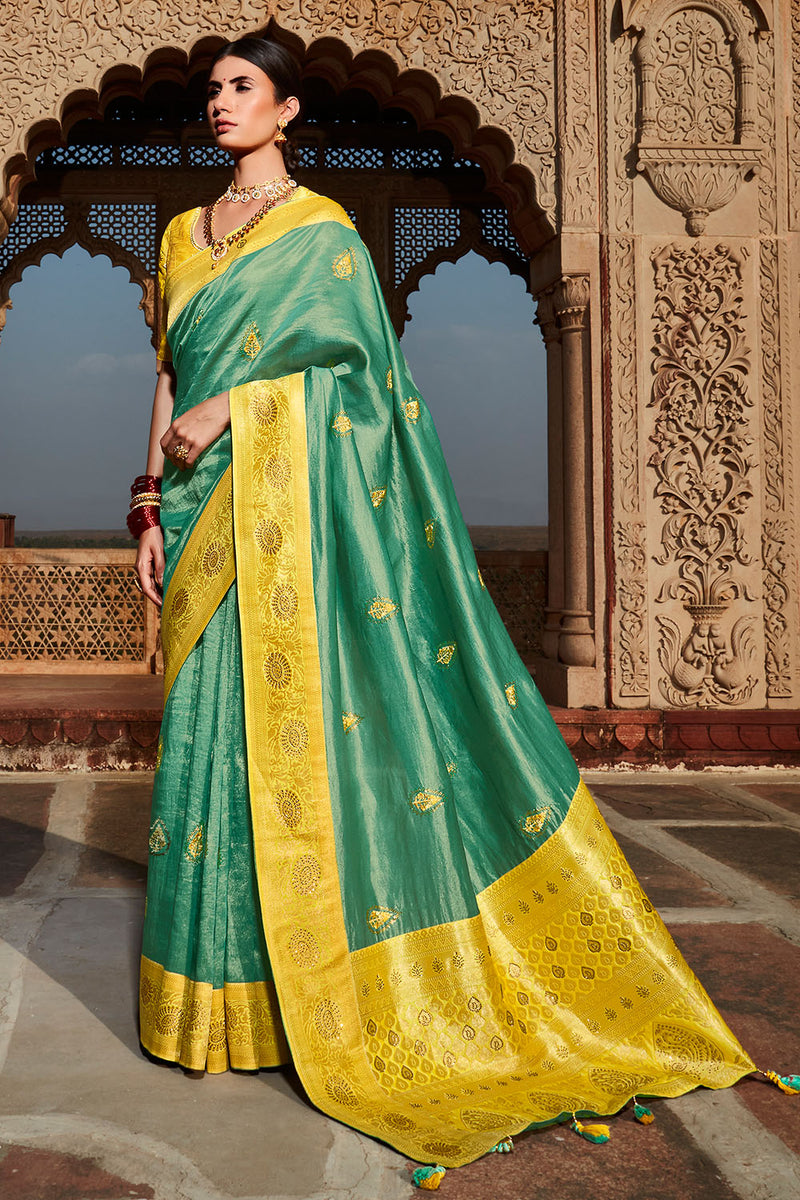 Kimora Junglee Green Paithani Silk Woven Pallu Saree With Designer Blouse