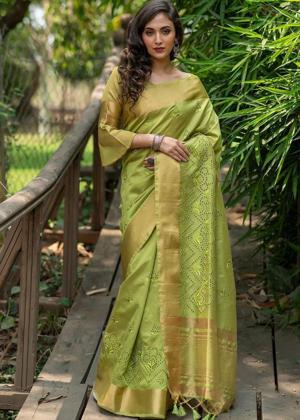 Artichoke Green Assam Silk Saree With Atteched Blouse