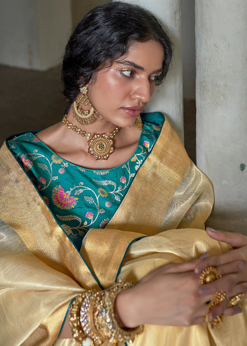 Pure Silk Kanjivarm Cream saree with Kanchipuram blouse || Rooprekha –  rooprekha