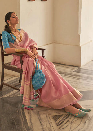 Kimora New York Pink And Blue Organza Silk Saree