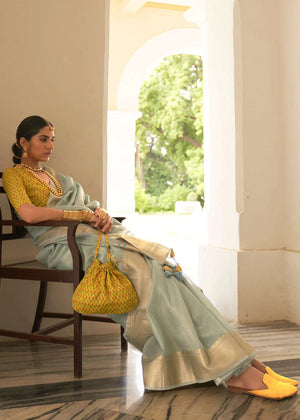 Kimora Locust Blue And Yellow Organza Silk Saree