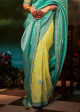Kimora Acapulco Blue And Yellow Woven Banarasi Soft Silk Designer Saree