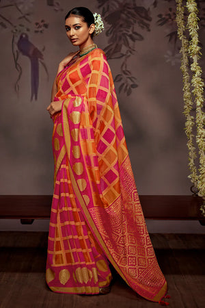 Kimora Red And Orange Brasso Silk Saree