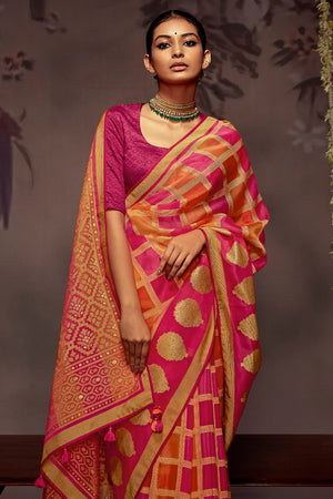 Kimora Red And Orange Brasso Silk Saree