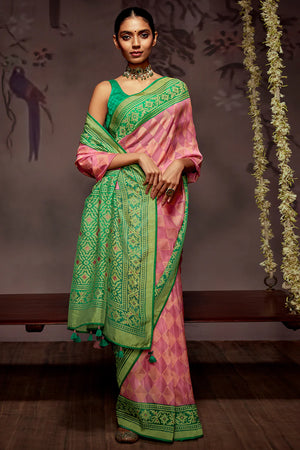 Kimora Pink And Green Brasso Silk Saree