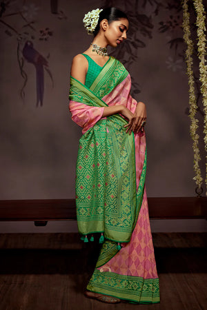 Kimora Pink And Green Brasso Silk Saree