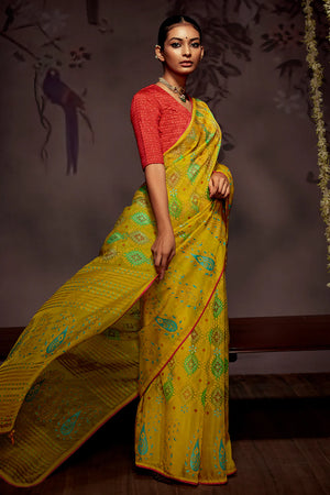 Kimora Turmeric Yellow Brasso Silk Saree