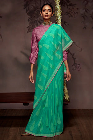 Kimora Seafoam Green Brasso Silk Saree