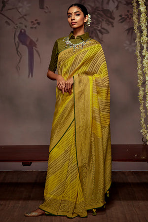 Kimora Pineapple Yellow Brasso Silk Saree