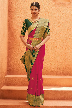 Kimora Magenta Pink Woven Designer Silk Saree With Embroidered Silk Blouse