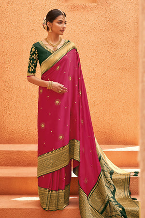 Kimora Magenta Pink Woven Designer Silk Saree With Embroidered Silk Blouse