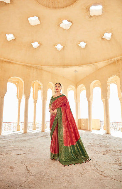 Kimora Coral Red Soft Kanjivaram Silk Woven Designer Saree