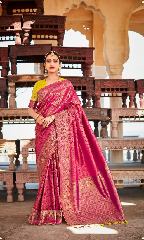 Kimora Pink Soft Kanjivaram Silk Woven Designer Saree