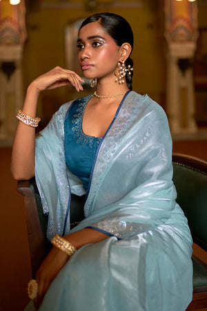 Kimora Powder Blue Tissue Silk Saree