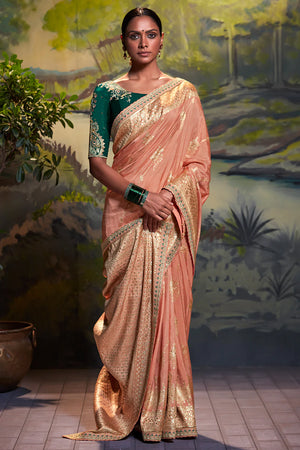 Kimora Peach And Teal Dola Silk Saree