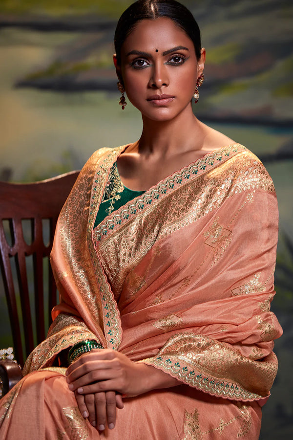 Kimora Peach And Teal Dola Silk Saree